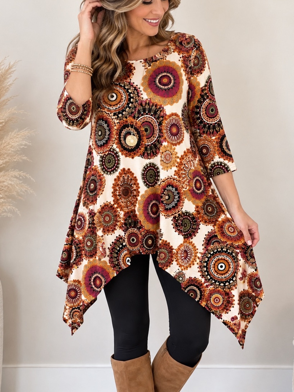 Girl Collective Oversized Medallion Sharkbite Tunic Top 3/4 Sleeve L/XL